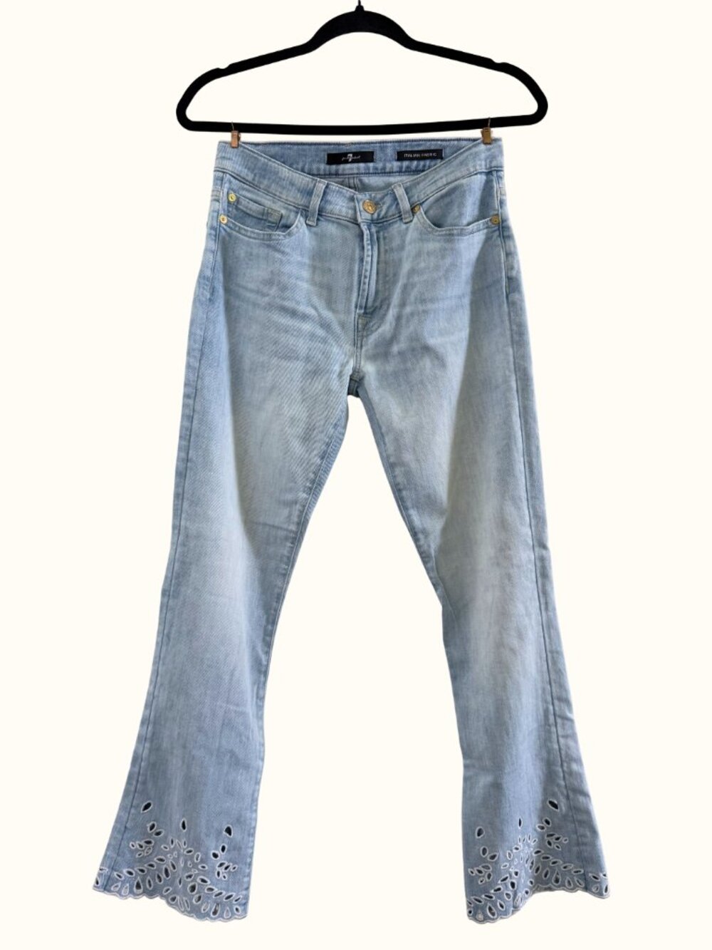 7 For All Mankind Eyelet Hem Cropped Flare Jeans Size 27 Italian Denim